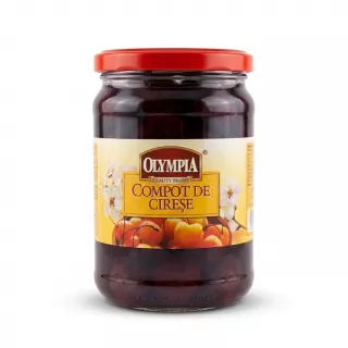 Enhanced Front label of Olympia Cherry Compote in glass jar with red lid