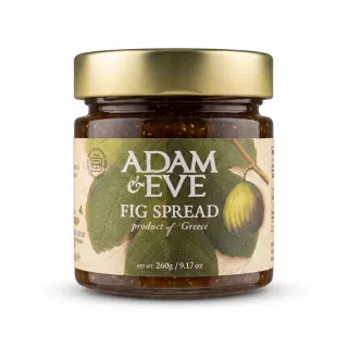 ** A professionally-lit front view of a 260g jar of Adam & Eve Fig Spread with a gold lid, set against a clean white background. The detailed green label prominently displays the brand name, a fresh fig graphic, and the description "product of Greece," filling 85% of the frame with a soft, symmetrical shadow.