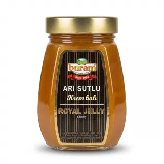 Enhanced Front view of Buram Royal Jelly Creamy Honey 500g glass jar