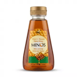 A 470g squeeze bottle of Minos Flower's Pine and Thyme Honey, featuring a distinctive orange and green label with honeycomb and honey dipper graphics, isolated on a white background with a soft shadow. [A high-resolution, centered e-commerce photograph of the Minos Flower's Pine and Thyme Honey bottle, precisely replicating the shape and content from the original image (image_0.png) but with a dramatically improved presentation. The hand, the store shelves, and all other background clutter have been completely removed, leaving only the pristine honey bottle perfectly centered on a clean, seamless, pure white background. The bottle, now filling 85% of the frame (at a 1:1 aspect ratio), is in razor-sharp focus from the top of its clean, gold-colored cap to the bottom. The rich amber-colored honey inside is perfectly clean and clear. The main label has been retained in its entirety and enhanced for clarity, featuring the exact text and graphics. All imperfections, including smudges, dust, and any perceived residue on the cap and bottle, have been meticulously cleaned. The label text is crisp and readable, maintaining its original hierarchy: "Flower’s - Pine and Thyme Honey", "MINOS", the Greek text "Μέλι από άνθη πεύκο και θυμάρι", and the product weight "Καθ. βάρος 470g Net weight", all with the original honeycomb and dipper graphics. Professional studio lighting is used to create a clean, even, flattering illumination across the entire product. A single, perfectly balanced, soft, and subtle drop shadow is placed directly beneath the base of the bottle, centered, so it looks like the bottle is resting on a clean surface. The perspective is a clean front-facing shot.]