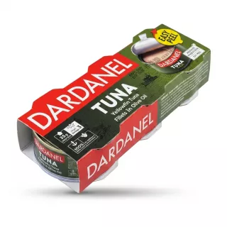 Enhanced Angled front and side of Dardanel Yellowfin Tuna pack showing easy peel label