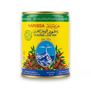 Enhanced Front of Le Phare du Cap Bon Harissa 135g tin with yellow and green packaging