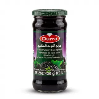A 430g jar of Durra Black Mulberry Fruit Spread, with its clear label showing the brand name and images of mulberries, is centered against a clean white background. PRODUCT TITLE: Durra Black Mulberry Fruit Spread 430g Jar PROCESSED PRODUCT IMAGE:
