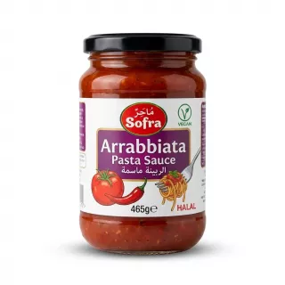 Enhanced Front of Sofra Arrabbiata Pasta Sauce jar, 465g, halal and vegan labels visible