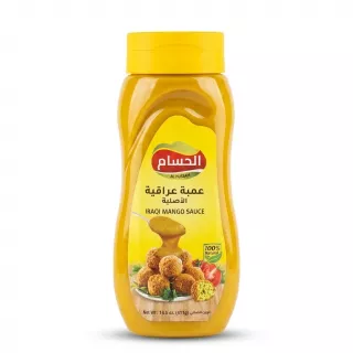 Enhanced Front of Al Hussam Iraqi Mango Sauce bottle in yellow packaging