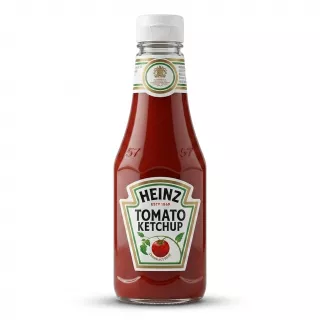 A 1:1 professional studio photograph of a Heinz Tomato Ketchup 300ml bottle. The bottle is perfectly centered, in sharp focus, and appears against a clean, shadowless white background. The front main label and the upper neck label are clearly legible, with the main label displaying the iconic Heinz logo, 'Tomato Ketchup', and the ripe tomato illustration. All specific product details are present, and the glass and label surfaces are free of imperfections or external stickers. The product fills 85% of the frame.