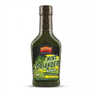 Enhanced Front of Shangrila Mint Coriander Sauce 330g glass bottle