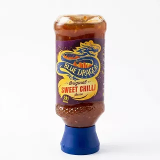 Enhanced Front of Blue Dragon Original Sweet Chilli Sauce bottle in hand