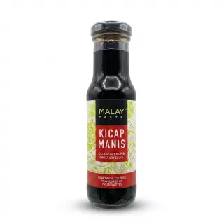 Enhanced A 150ml bottle of Malay Taste Kicap Manis Sweet Soy Sauce held by a hand. The glass bottle is filled with a dark sauce and has a black, white, and red label featuring green floral patterns and English text on a clean white background.