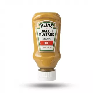 Enhanced A hand holds a bottle of Heinz English Mustard Hot against a white background. The 255g squeeze bottle features the red and green classic style label.
