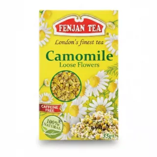 Box front of Fenjan Tea Camomile Loose Flowers with yellow and white floral design