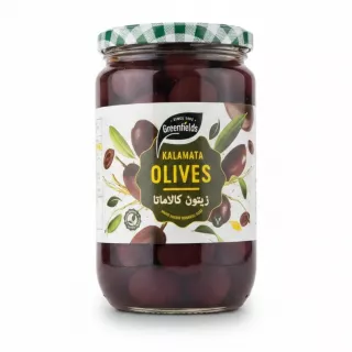 Jar of Greenfields Kalamata Olives showing label and olives inside