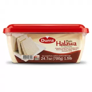 Enhanced Side view of Durra Plain Halawa 700g tub showing product label