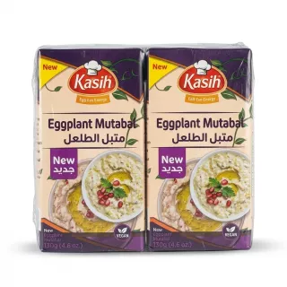 Enhanced Front of Kasih Eggplant Mutabal 4x130g pack held in a shop