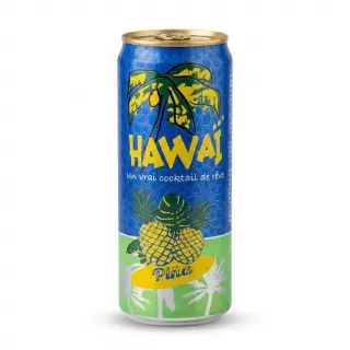 A 33cl can of Hawai Piña Pineapple Sparkling Drink, featuring a bright yellow tropical design with pineapples and the text 'Un vrai cocktail de rêve' on a blue and green background. The can is centered against a clean white backdrop, highlighting its authentic shape and vibrant colors.