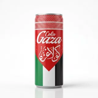 Enhanced Front of Gaza Cola 250ml can with Palestinian flag colours