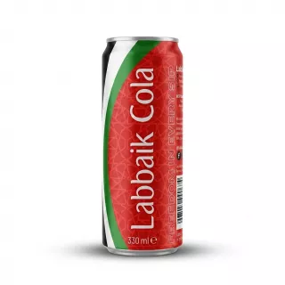 Enhanced Front of Labbaik Cola 330ml can held in hand in supermarket