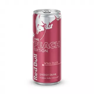 A 250ml can of Red Bull The Peach Edition White Peach energy drink, featuring its distinctive pink and silver design, is centered against a clean white background with a soft, even shadow.