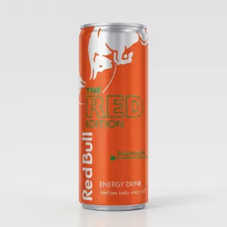 Enhanced Front view of Red Bull Red Edition Watermelon energy drink can