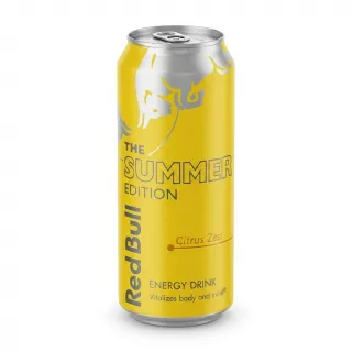 Enhanced Hand holding Red Bull Summer Edition Citrus Zest 473ml can in grocery aisle