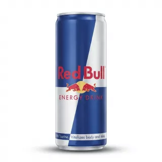 Enhanced Front view of Red Bull Energy Drink 355ml can held in hand