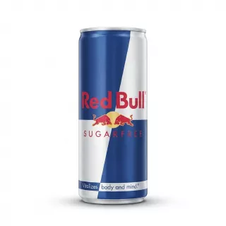 Enhanced Angle view showing price and side of Red Bull Sugarfree can