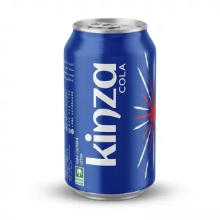 Enhanced Hand holding a blue Kinza Cola can in a grocery aisle