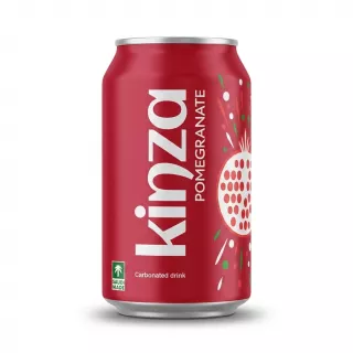 Enhanced Hand holding Kinza Pomegranate carbonated drink can in a grocery aisle