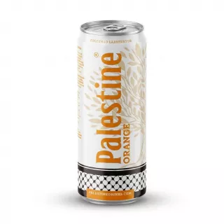 Enhanced Hand holding Palestine Orange carbonated soft drink can