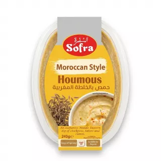 A 240g clear plastic tub of Sofra Moroccan Style Houmous, showing the clean product label on a pure white background with professional lighting and soft shadow. [A professional e-commerce product photograph on a pure white background of the Sofra Moroccan Style Houmous 240g tub, centered and filling 85% of the frame. The label has been cleaned of the price tag and the best before date, but all product and brand details are preserved. Studio lighting casts soft, even shadows on both sides, ensuring a sharp focus and crisp details.]