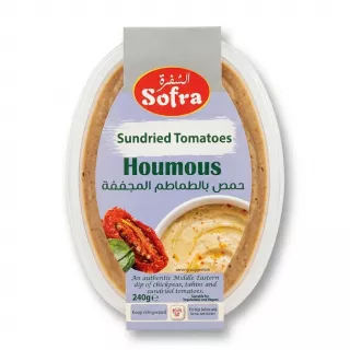 Enhanced Sofra Sundried Tomatoes Houmous 240g front packaging in a store aisle