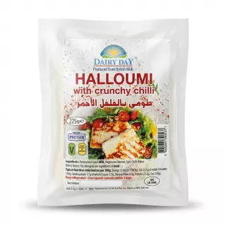 A professional studio photograph of a 225g package of Dairy Day Halloumi with Crunchy Chilli, featuring a clean white label with text and an image of fried cheese on a salad. PRODUCT TITLE: Dairy Day Halloumi Crunchy Chilli PRODUCT: Dairy Day Halloumi with Crunchy Chilli 225g packaged front PREFERENCES: - Aspect ratio: 1:1