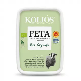 Enhanced Front of Kolios Bio-Organic Feta Cheese packaging showing organic and PDO certification