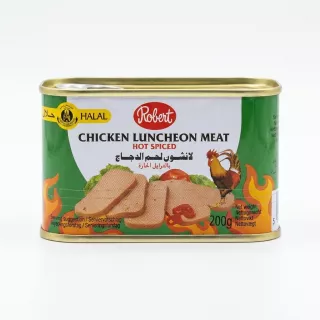 Enhanced Front of Robert Hot Spiced Chicken Luncheon Meat 200g tin showing label and halal certification