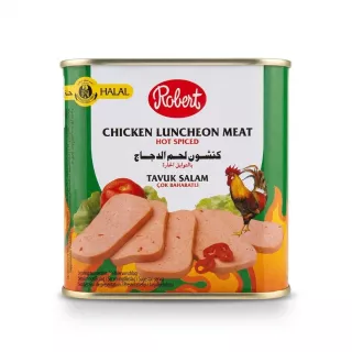 Enhanced Front of Robert Hot Spiced Chicken Luncheon Meat tin 340g with halal logo and product illustration