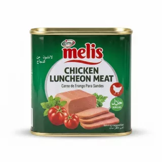 Enhanced Front view of Gima Melis Chicken Luncheon Meat tin