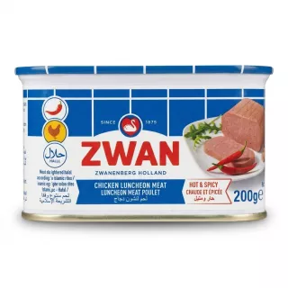 Enhanced Hand holding a can of Zwan Hot & Spicy Chicken Luncheon Meat 200g