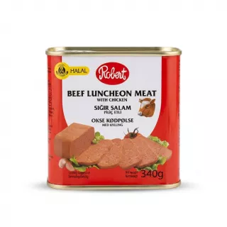 A 340g tin of Robert Beef Luncheon Meat with Chicken, featuring a clean product label with the Halal logo, centered on a white background with a soft shadow.