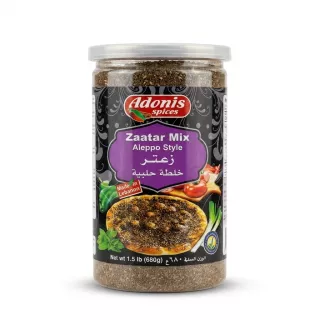 Enhanced Front of Adonis Zaatar Mix Aleppo Style 680g container, showing label and product contents