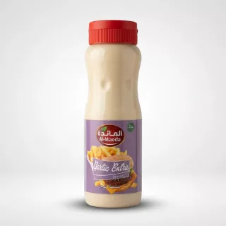 Enhanced Front of Al-Maeda Garlic Extra Sauce 500ml bottle with red cap