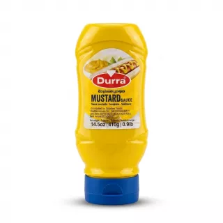 Enhanced Front view of Durra Mustard Sauce 410g in a yellow squeezy bottle