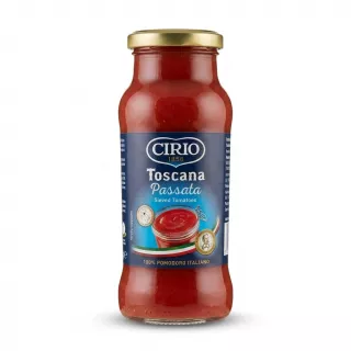A 1:1 professional e-commerce product photograph of a centered glass jar of Cirio Toscana Passata Sieved Tomatoes against a clean, pure white background. The jar has a gold cap, and the blue label clearly displays the Cirio 1856 logo, 'Toscana Passata', 'Sieved Tomatoes', a bowl of sauce, and '100% POMODORO ITALIANO', with a soft, symmetrical shadow below.