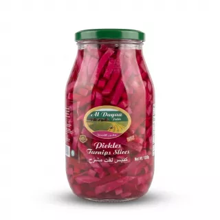 Enhanced Large glass jar of Al Dayaa Fields Pickled Turnip Slices, front label visible