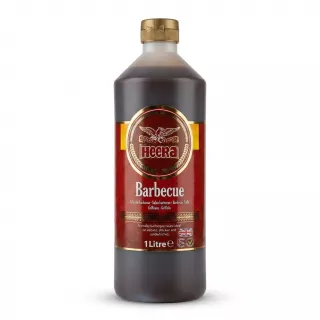 Enhanced Front view of Heera Barbecue Sauce 1 Litre bottle held in hand