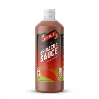 Enhanced Front view of Crucials Sriracha Sauce 1 Litre bottle on supermarket shelf