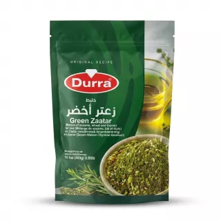 Enhanced Front of Durra Green Zaatar 400g pack with product details