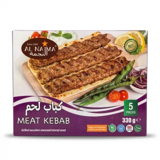 Enhanced Al Najma Meat Kebab box in freezer with visible packaging and other frozen foods