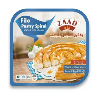 A professional studio photograph of the ZAAD Filo Pastry Spiral Stuffed with Cheese packaging on a white background. The packaging features a picture of the baked pastry, a cheese plate, and has key details including 'Sirnica', multiple language descriptions, and nutrition icons.