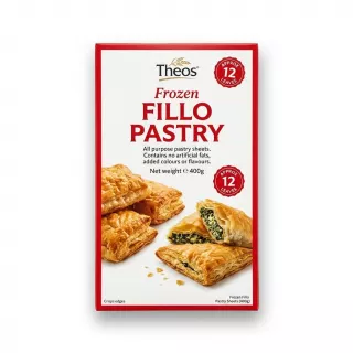 Enhanced Front of Theos Frozen Fillo Pastry Sheets 400g box held in hand showing product and packaging