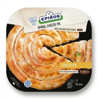 A 1:1 professional e-commerce product photograph of the Epiros Spiral Cheese Pie (800g) in its retail packaging. The pie is centered, filling 85% of the frame against a clean, plain background. The complex spiral shape of the golden-baked pie is clearly visible, with the green price sticker removed from the top slice for a clean look. All original packaging text and branding, including the "EPIROS" logo, "SPIRAL CHEESE PIE WITH KASSERI PDO CHEESE," and cooking instructions, are retained and perfectly legible under studio lighting.